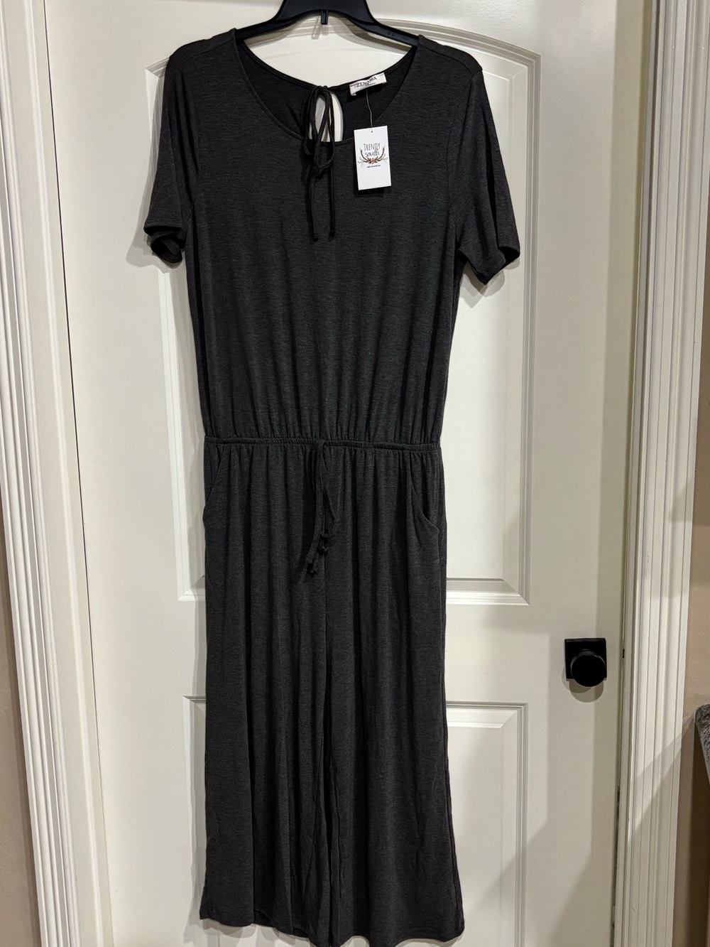 Zenana Outfitters Charcoal Grey Short-Sleeve Drawstring Romper